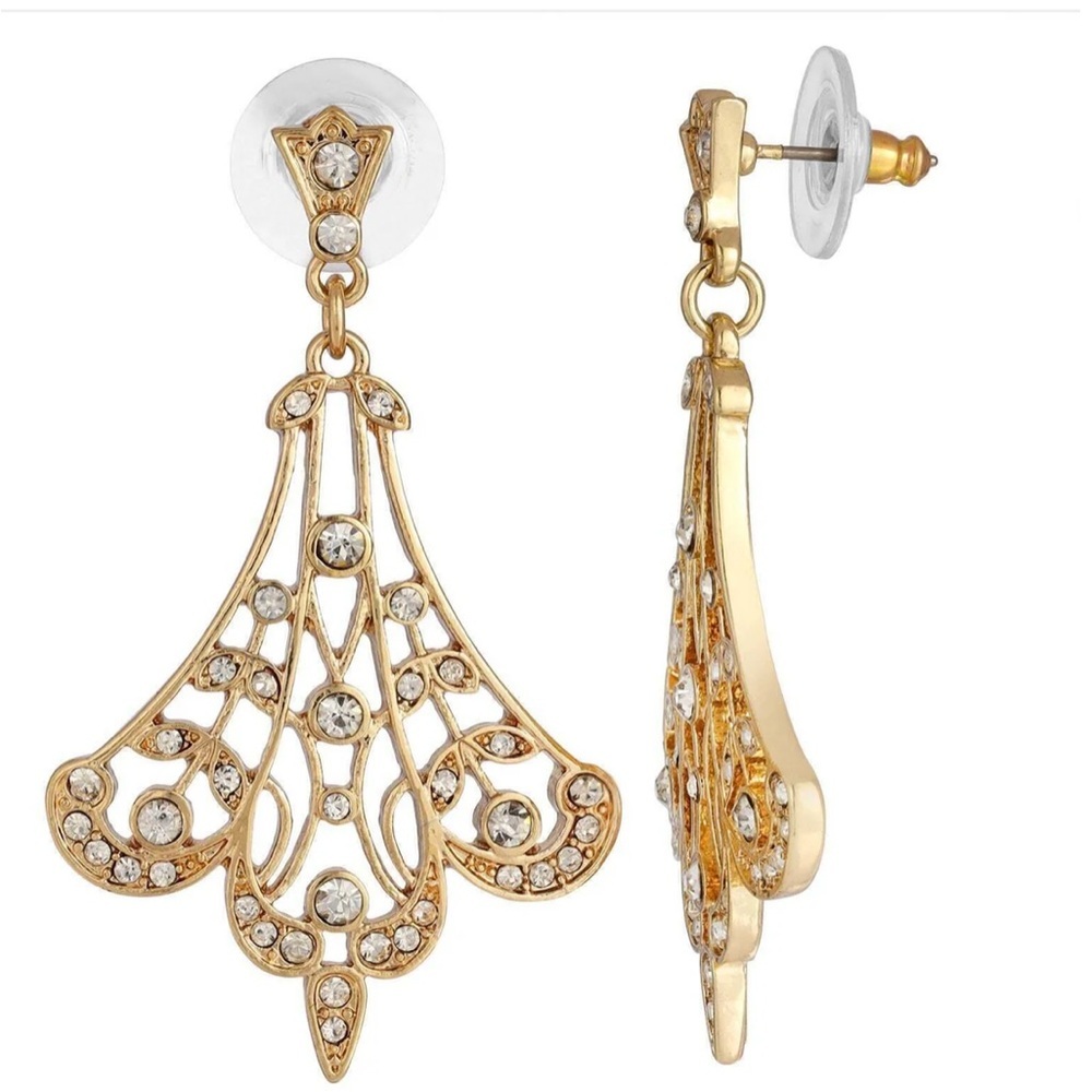 2028 Gold Plated Drip Earring with Leaf Pattern Filled w Crystals